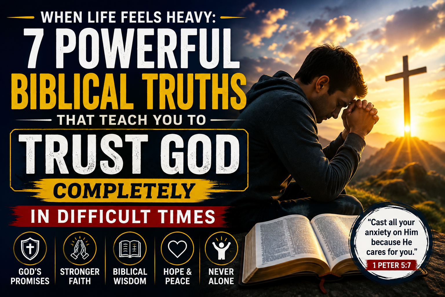 Trust God During Difficult Times with Bible, prayer, cross, and Christian hope.