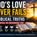 God's Love Never Fails – Christian praying with an open Bible and a cross at sunrise.