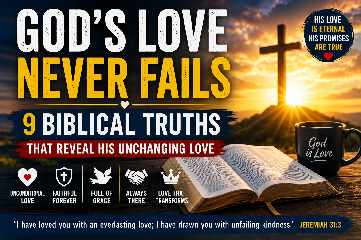 God's Love Never Fails – Christian praying with an open Bible and a cross at sunrise.